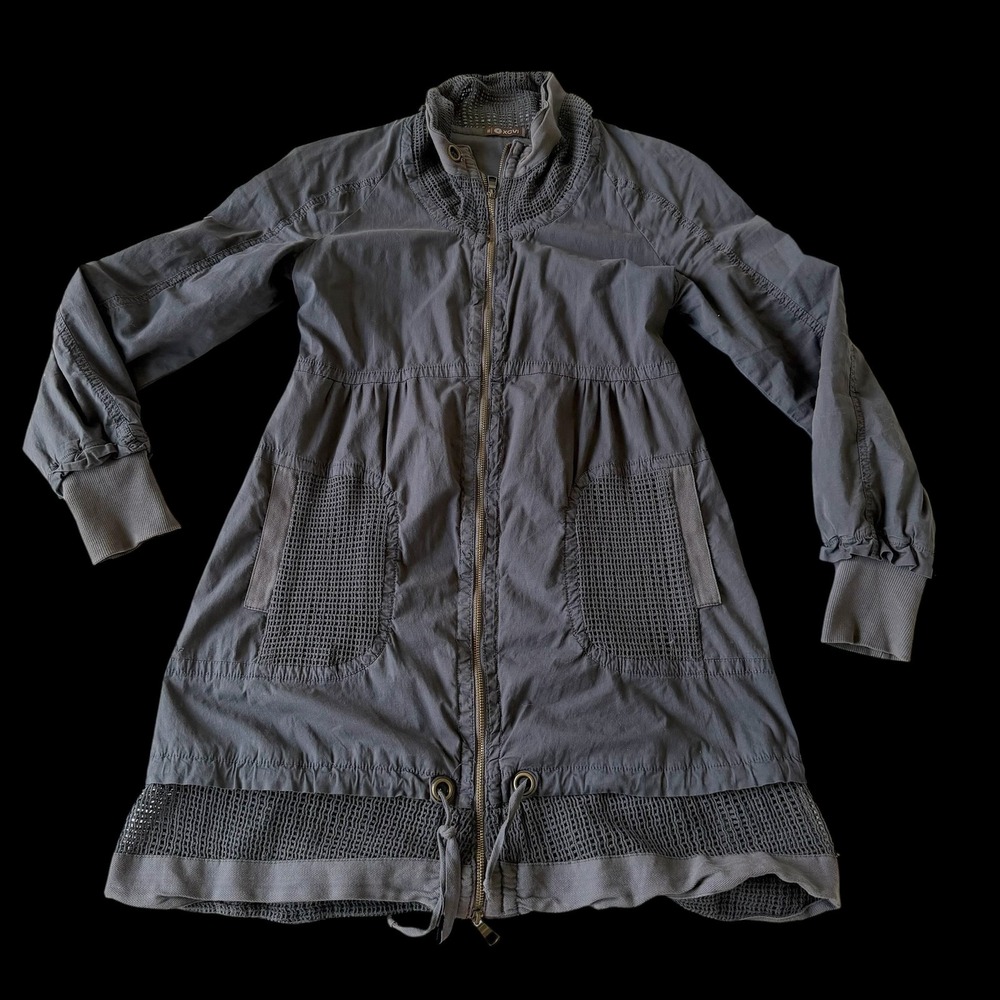 XCVI Gray Cotton Y2K Mesh Trim‎ Lagenlook Jacket Longline Full Zip Boho XS 10587